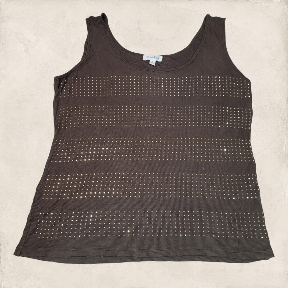 Calvin Klein Y2K Embellished Green Ribbed Tank Top XL